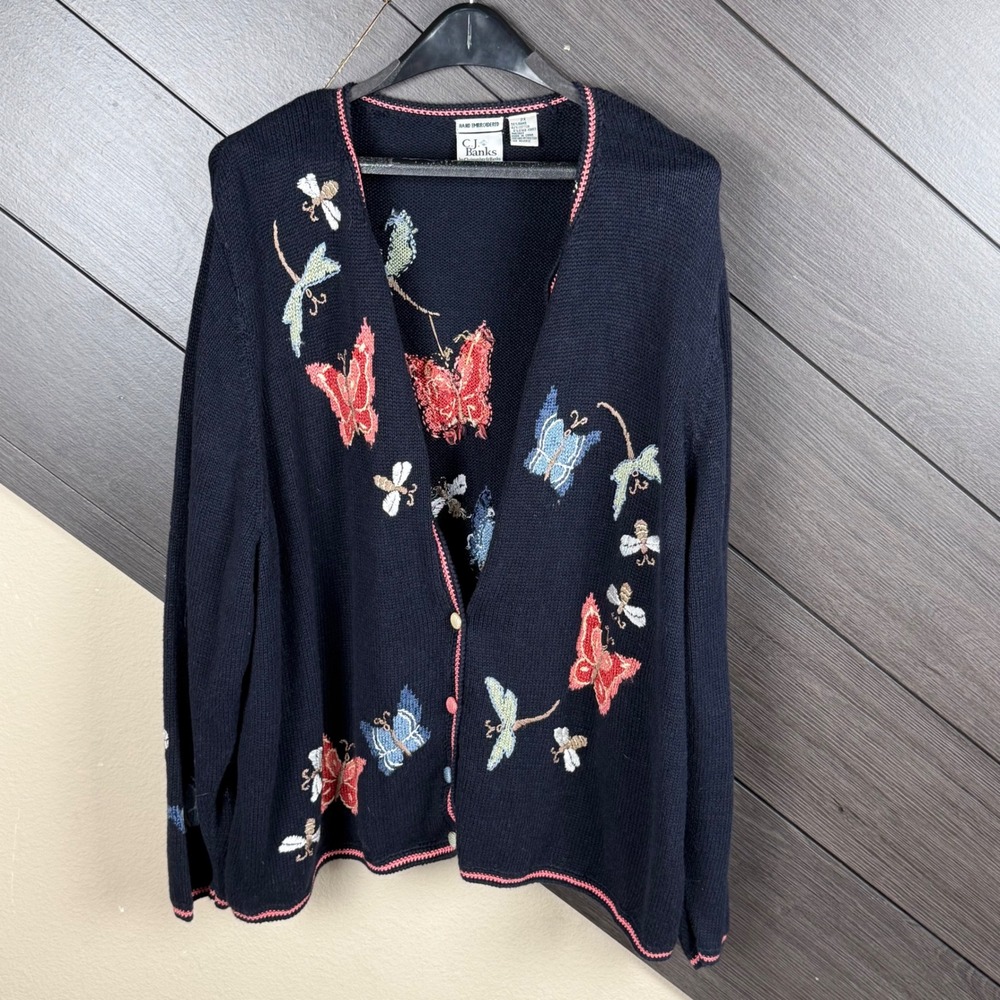C.J. Banks Women's 2X Cardigan Sweater Butterfly Dragonfly Embroidered Navy